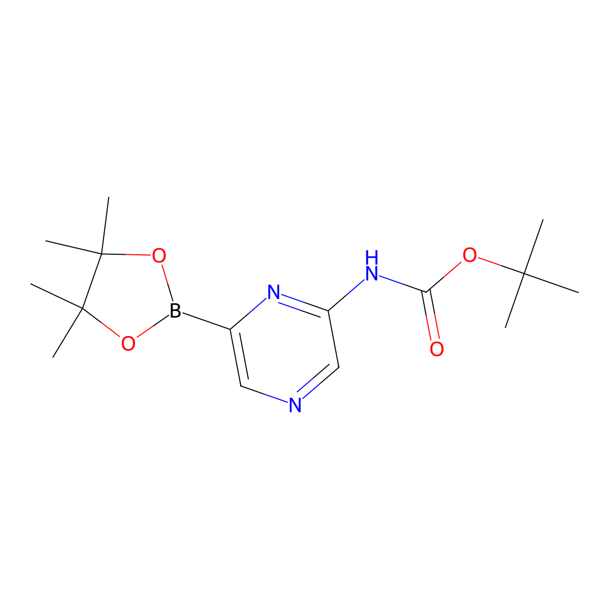 Tert-butyl (6-(4,4,5,5-tetramethyl-1,3,2-dioxaborolan-2-yl)pyrazin-2-yl)carbamate molecular structure, CAS 2223012-75-5