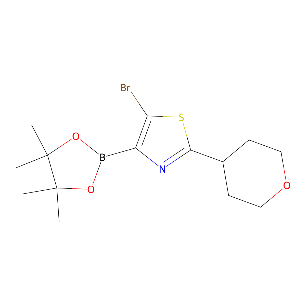 5-Bromo-2-(4-tetrahydropyranyl)thiazole-4-boronic acid pinacol ester molecular structure, CAS 2223013-10-1
