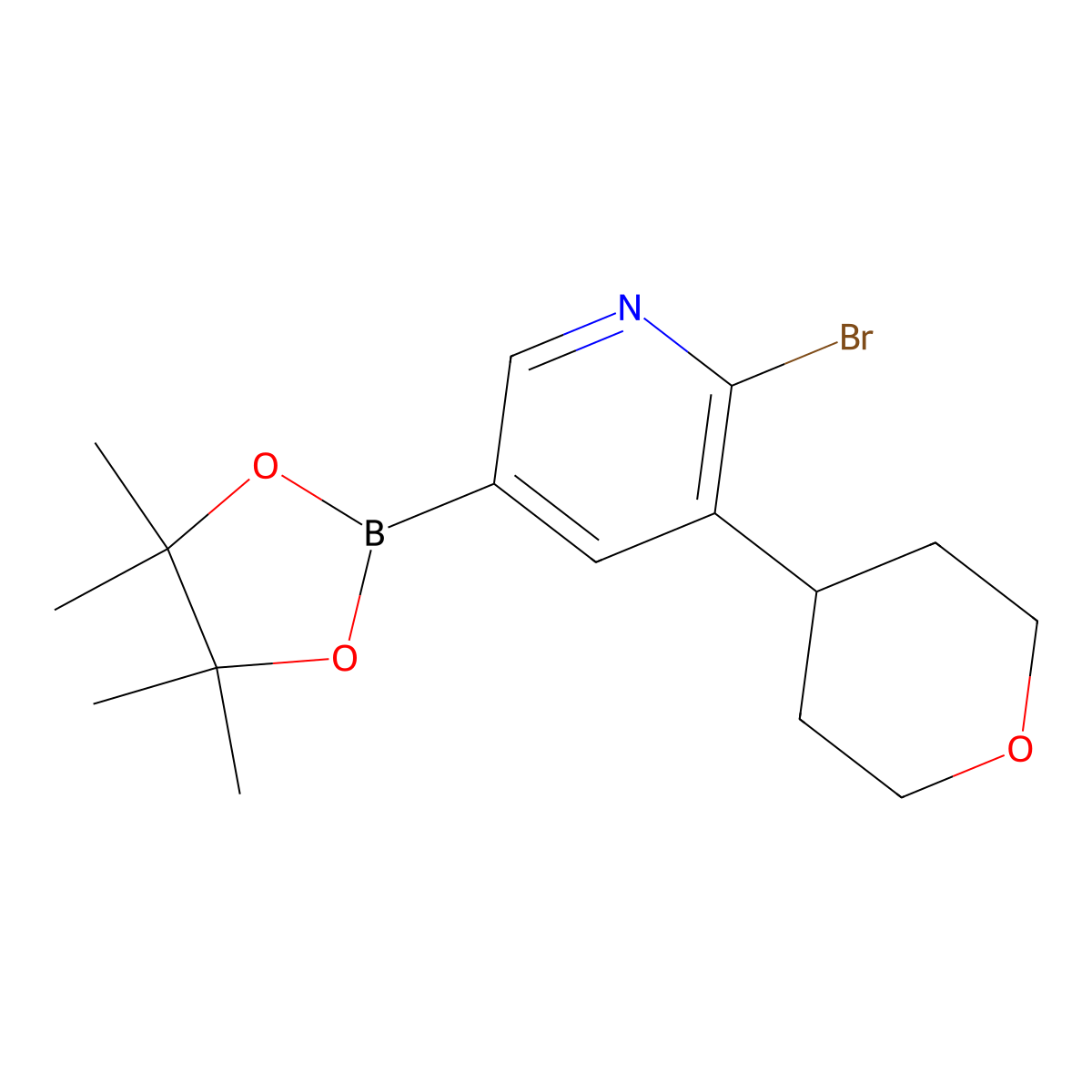 6-Bromo-5-(4-tetrahydropyranyl)pyridine-3-boronic acid pinacol ester molecular structure, CAS 2223029-03-4