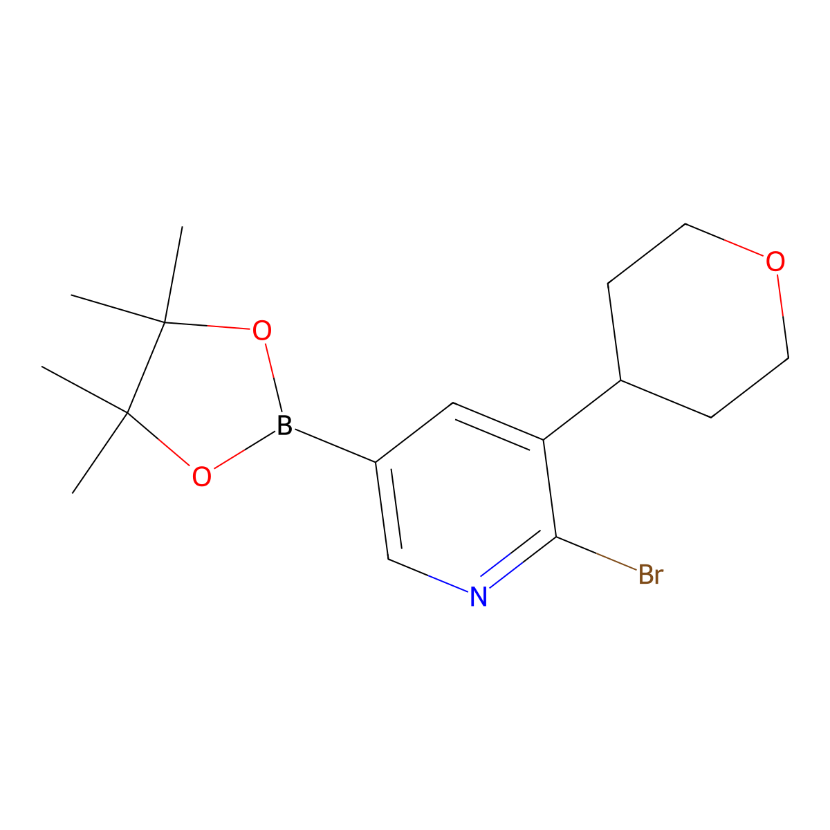 6-Bromo-5-(4-tetrahydropyranyl)pyridine-3-boronic acid pinacol ester molecular structure, CAS 2223029-03-4