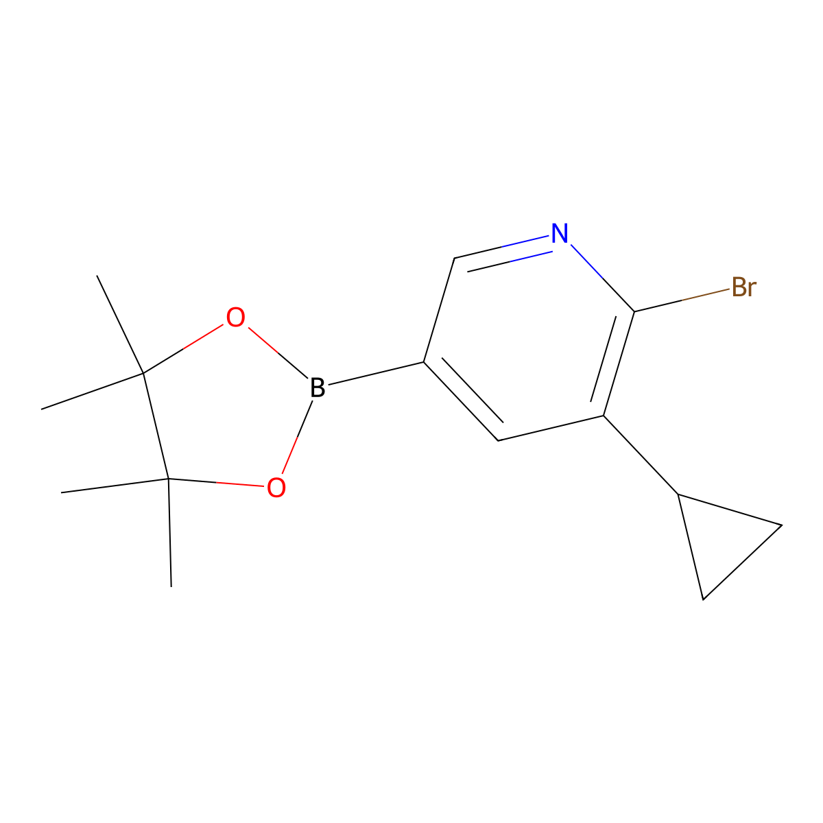 2-Bromo-3-cyclopropyl-5-(4,4,5,5-tetramethyl-1,3,2-dioxaborolan-2-yl)pyridine molecular structure, CAS 2223029-75-0