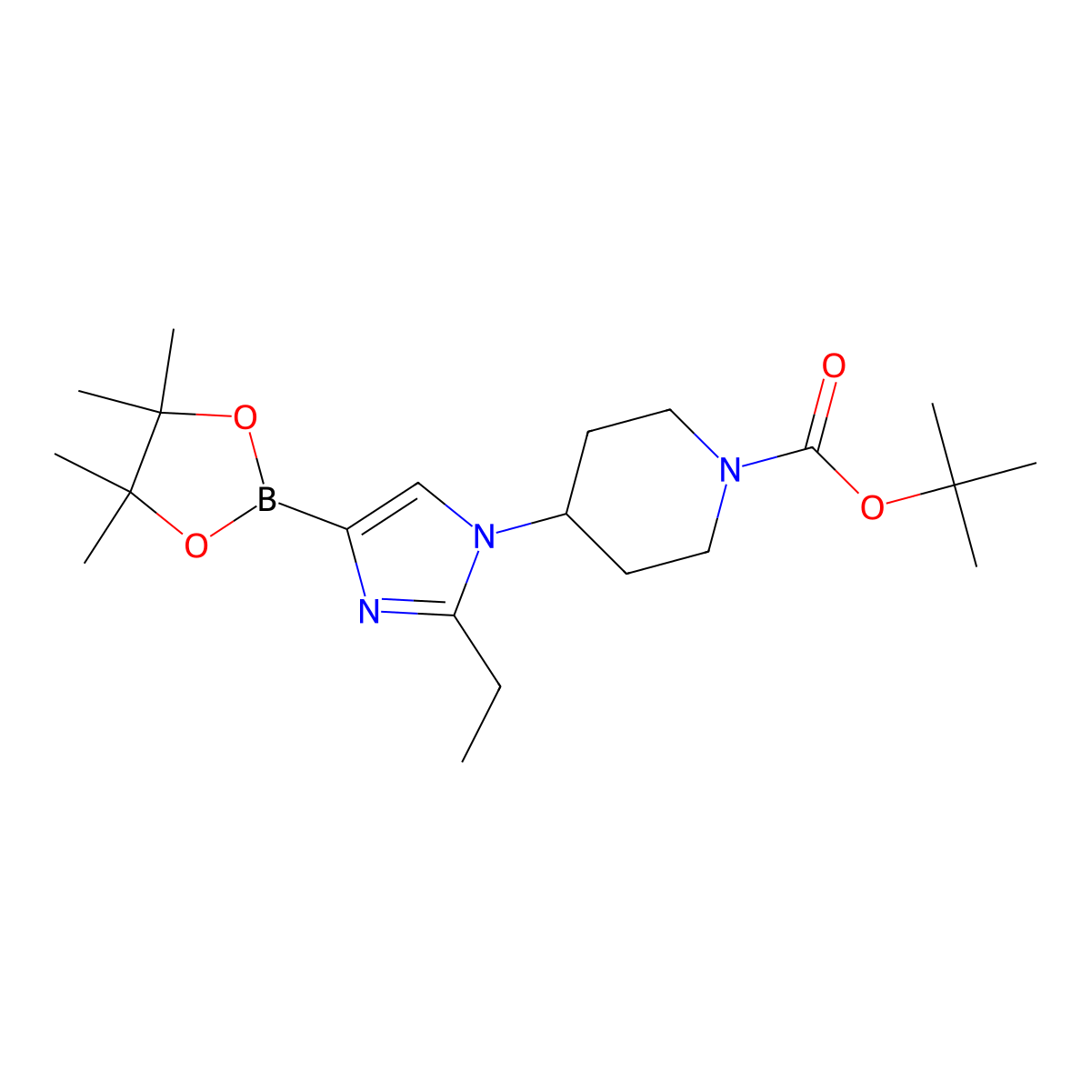 1-(N-Boc-Piperidin-4-yl)-2-ethyl-1H-imidazole-4-boronic acid pinacol ester molecular structure, CAS 2223030-21-3