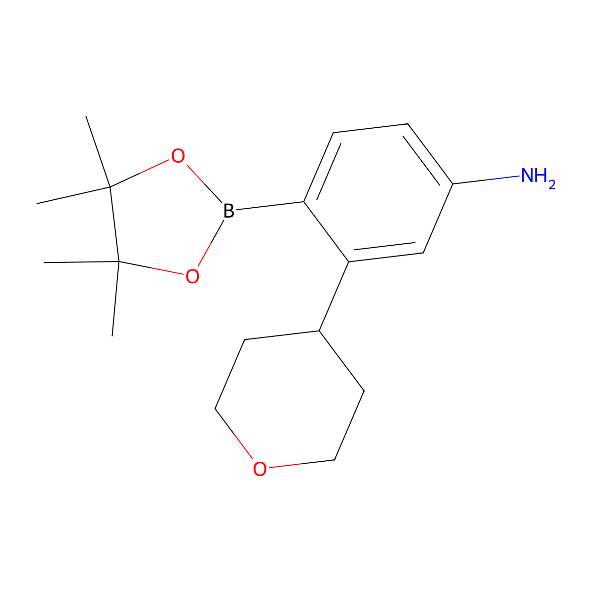 2-(Oxan-4-yl)-4-aminophenylboronic acid pinacol ester molecular structure, CAS 2223030-34-8