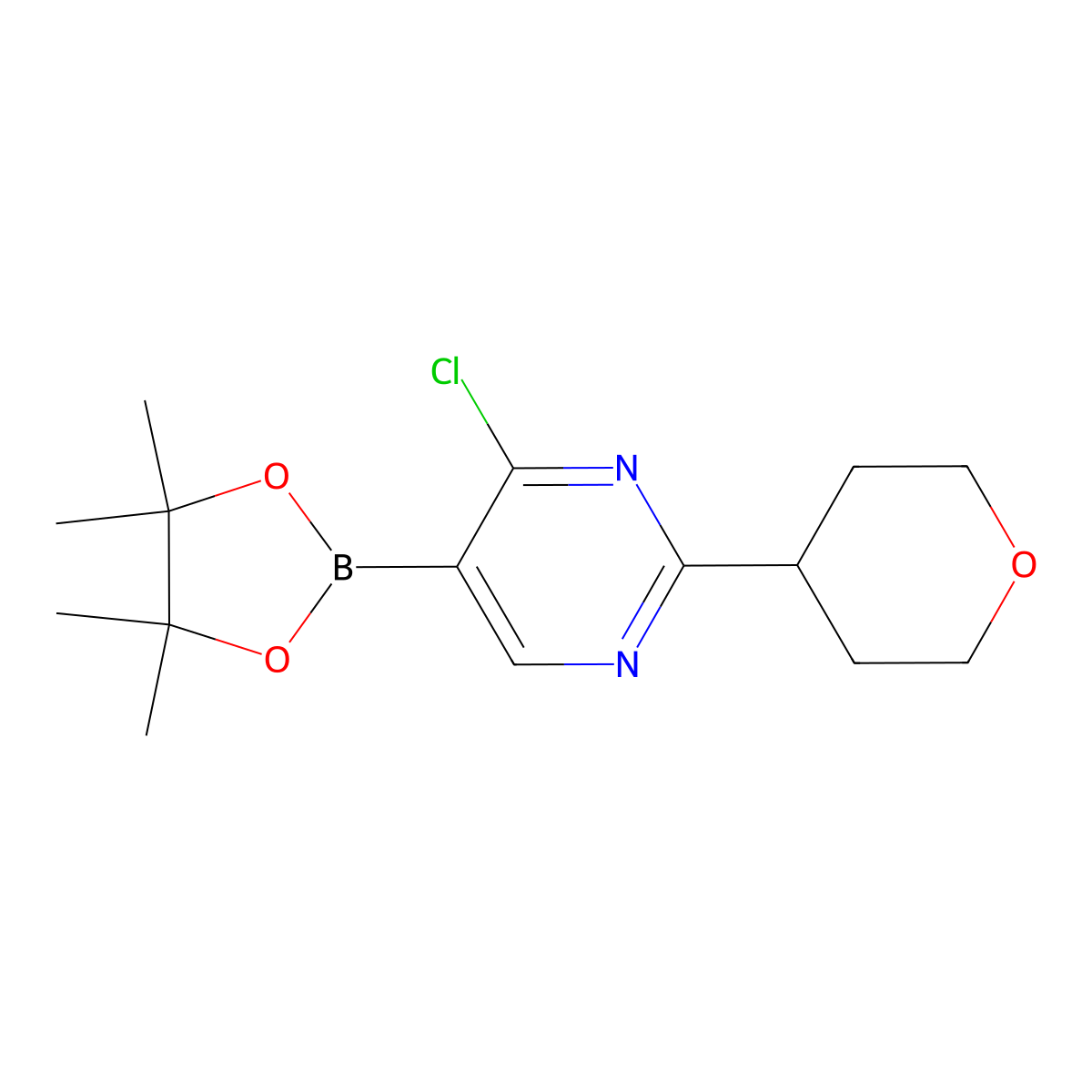 4-Chloro-2-(4-tetrahydropyranyl)pyrimidine-5-boronic acid pinacol ester molecular structure, CAS 2223030-59-7