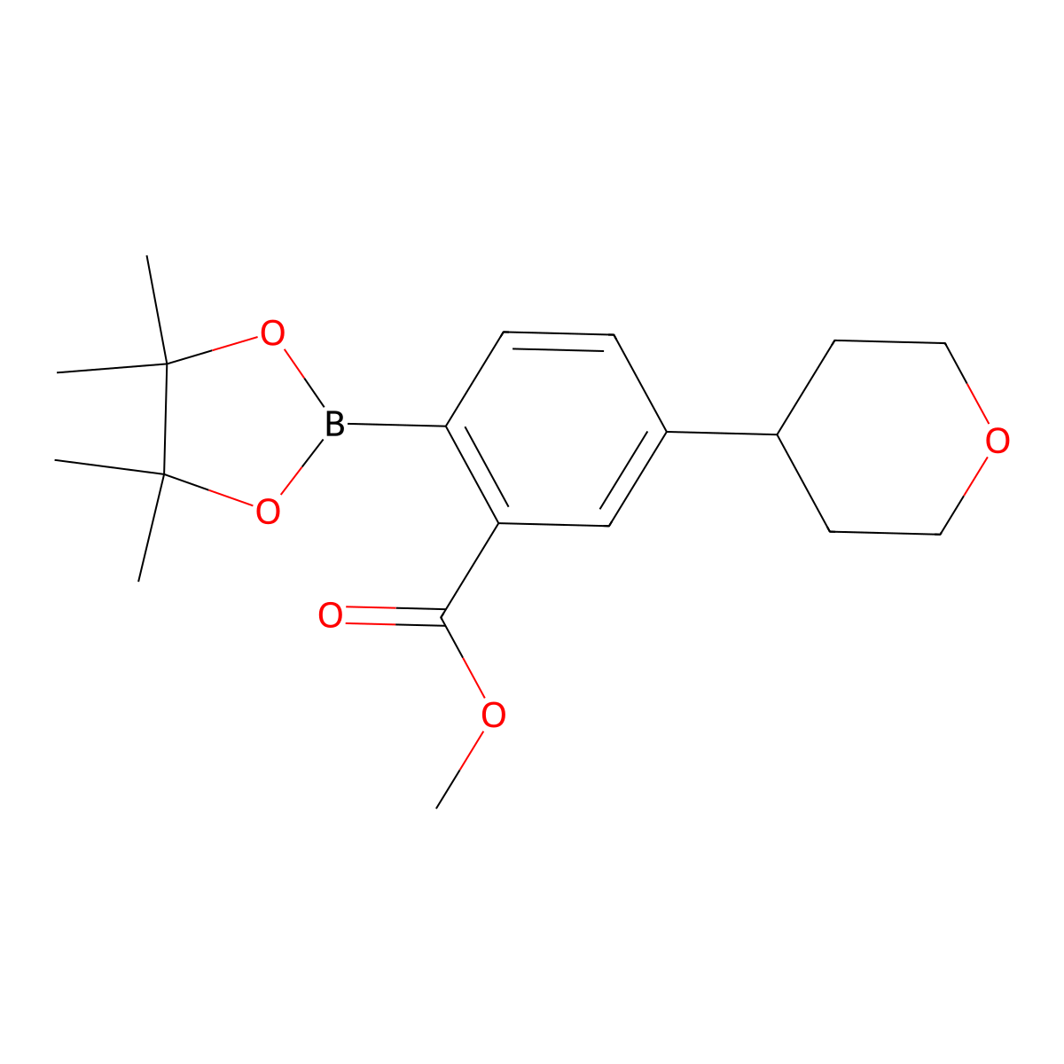 2-(Methoxycarbonyl)-4-(oxan-4-yl)phenylboronic acid pinacol ester molecular structure, CAS 2223031-63-6