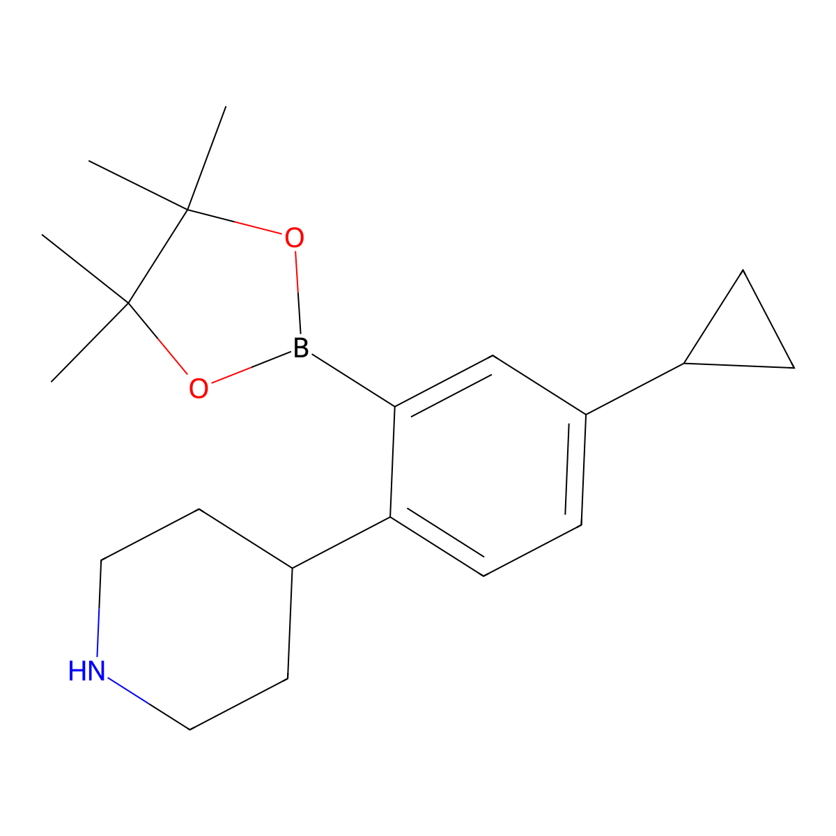 5-Cyclopropyl-2-(piperidin-4-yl)phenylboronic acid pinacol ester molecular structure, CAS 2223031-93-2