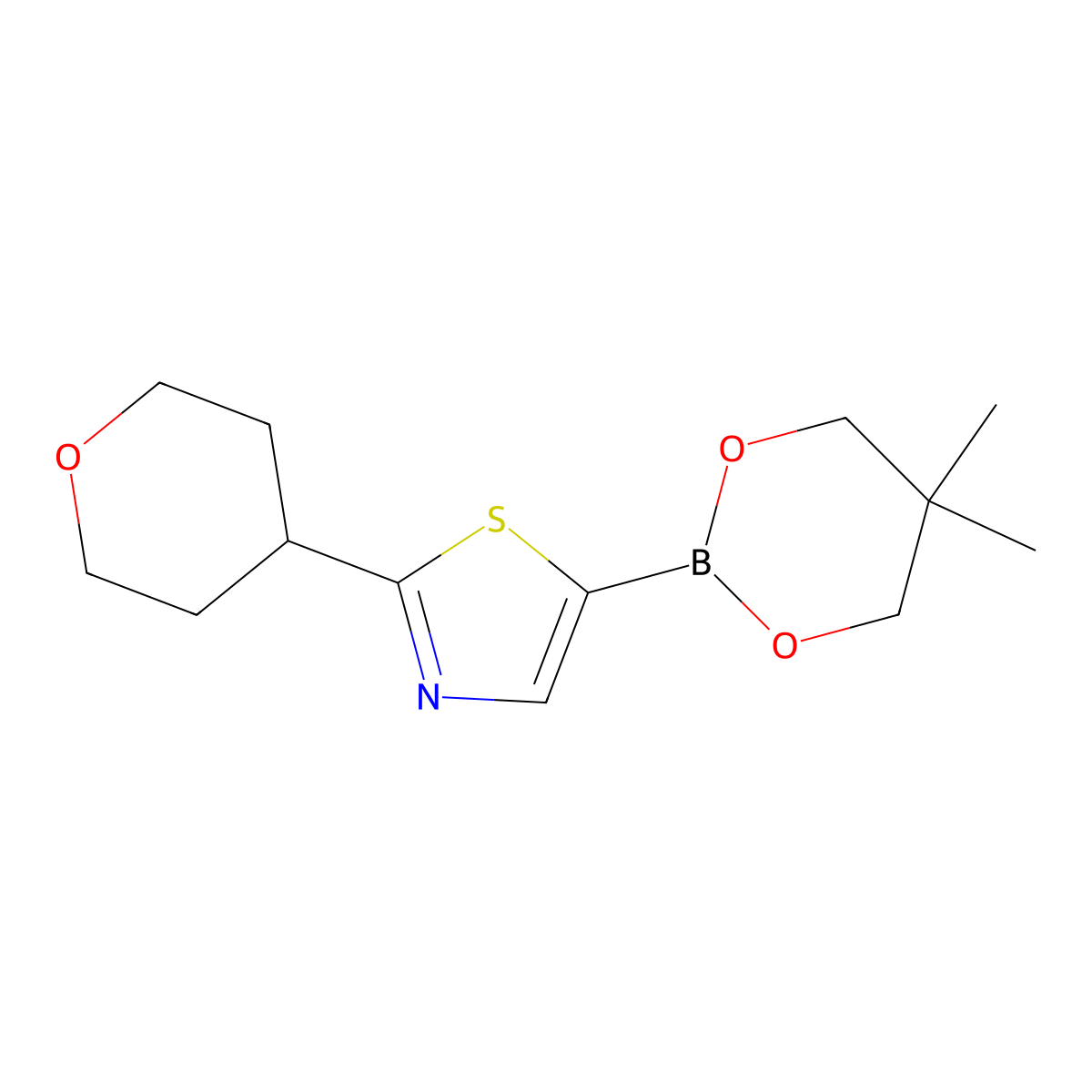 2-(Oxan-4-yl)thiazole-5-boronic acid neopentylglycol ester molecular structure, CAS 2223032-01-5