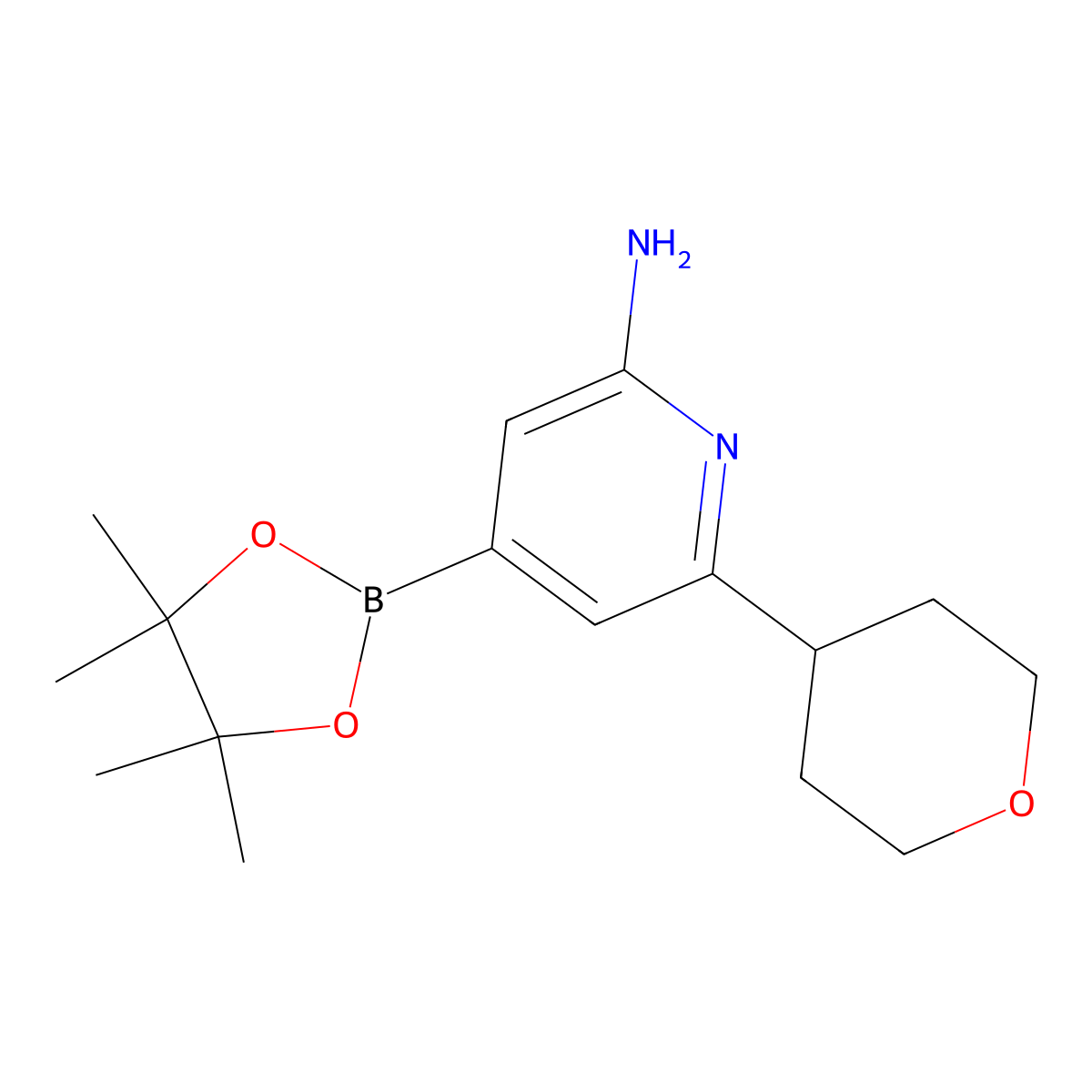 2-Amino-6-(oxan-4-yl)pyridine-4-boronic acid pinacol ester molecular structure, CAS 2223032-26-4