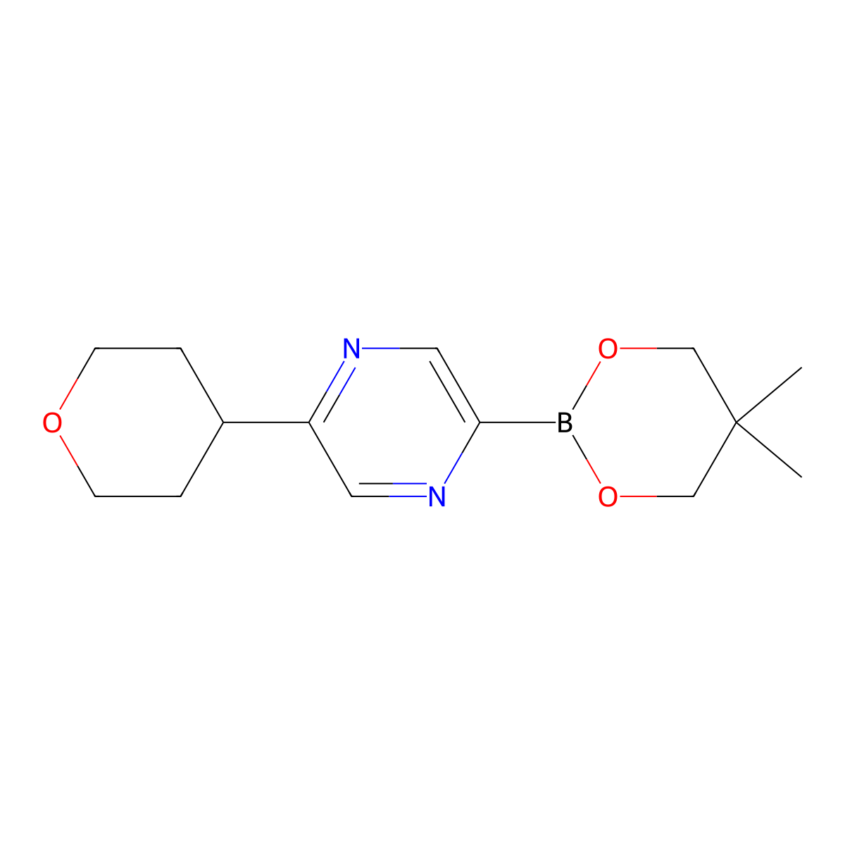 5-(Oxan-4-yl)pyrazine-2-boronic acid neopentylglycol ester molecular structure, CAS 2223032-28-6