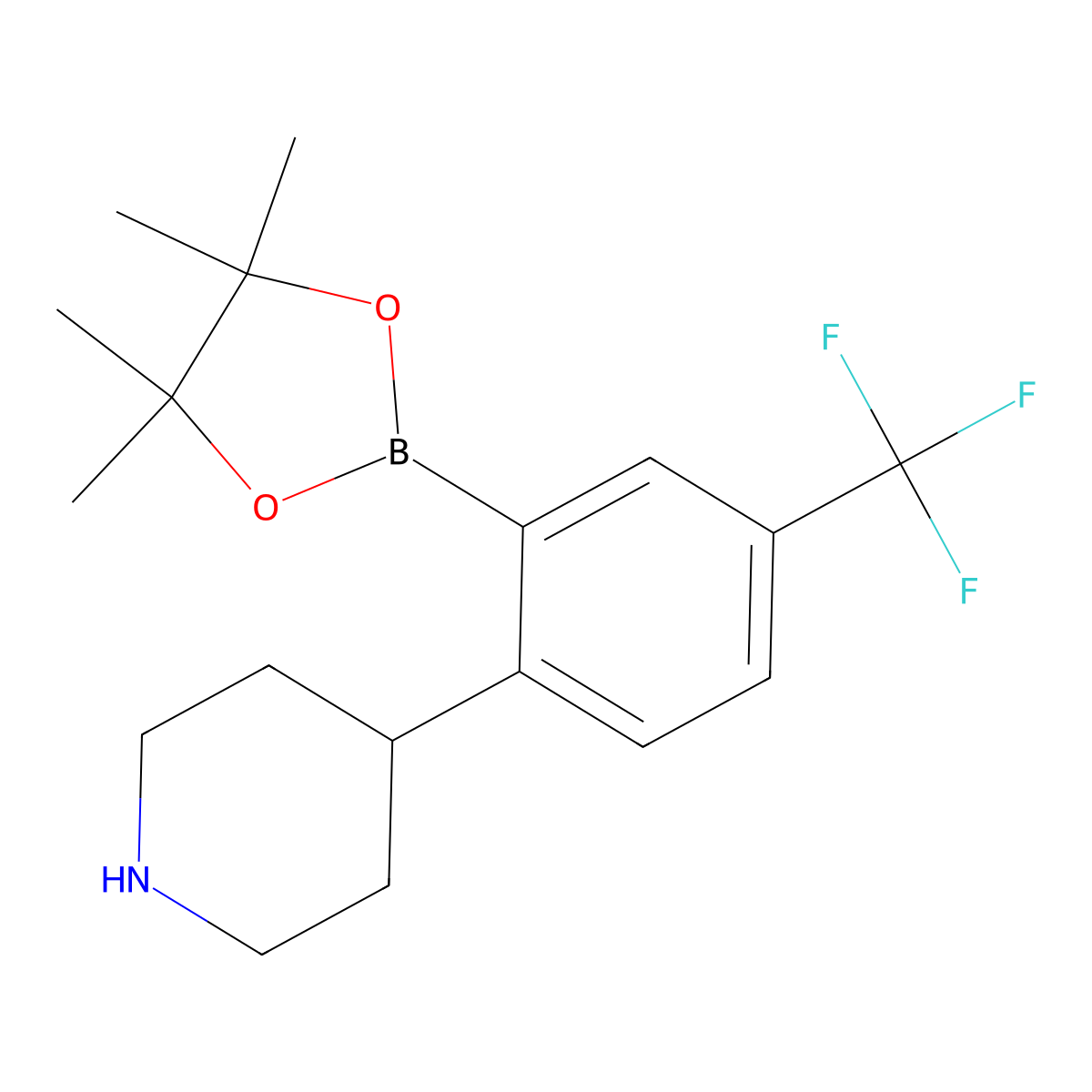 5-Trifluoromethyl-2-(piperidin-4-yl)phenylboronic acid pinacol ester molecular structure, CAS 2223032-97-9