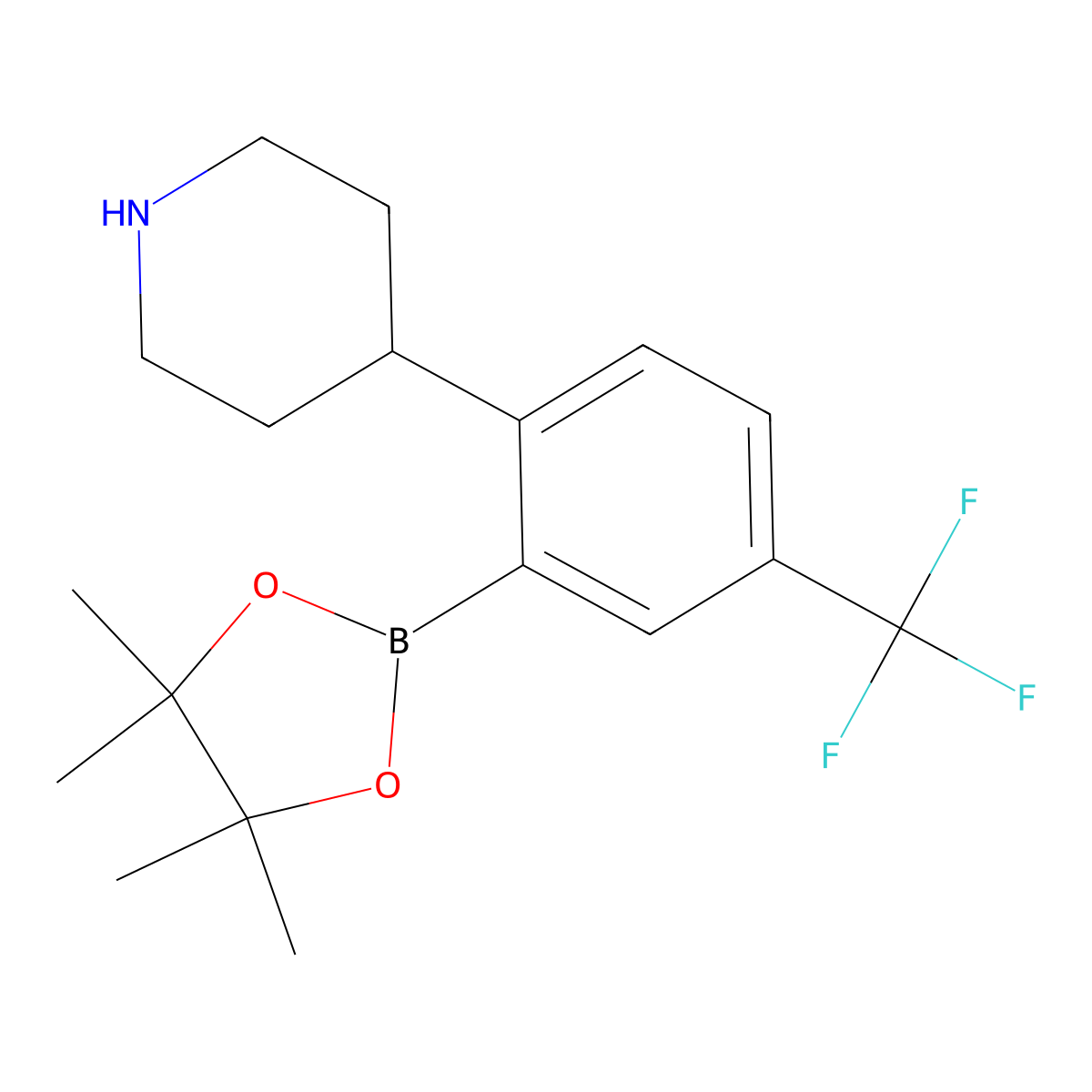 5-Trifluoromethyl-2-(piperidin-4-yl)phenylboronic acid pinacol ester molecular structure, CAS 2223032-97-9