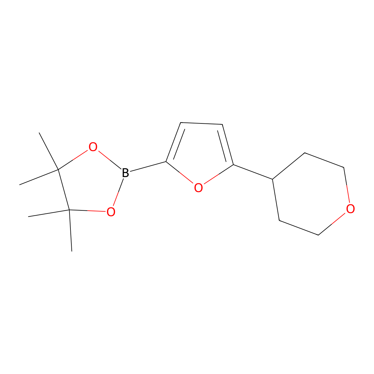 4,4,5,5-tetramethyl-2-(5-(tetrahydro-2H-pyran-4-yl)furan-2-yl)-1,3,2-dioxaborolane molecular structure, CAS 2223033-06-3