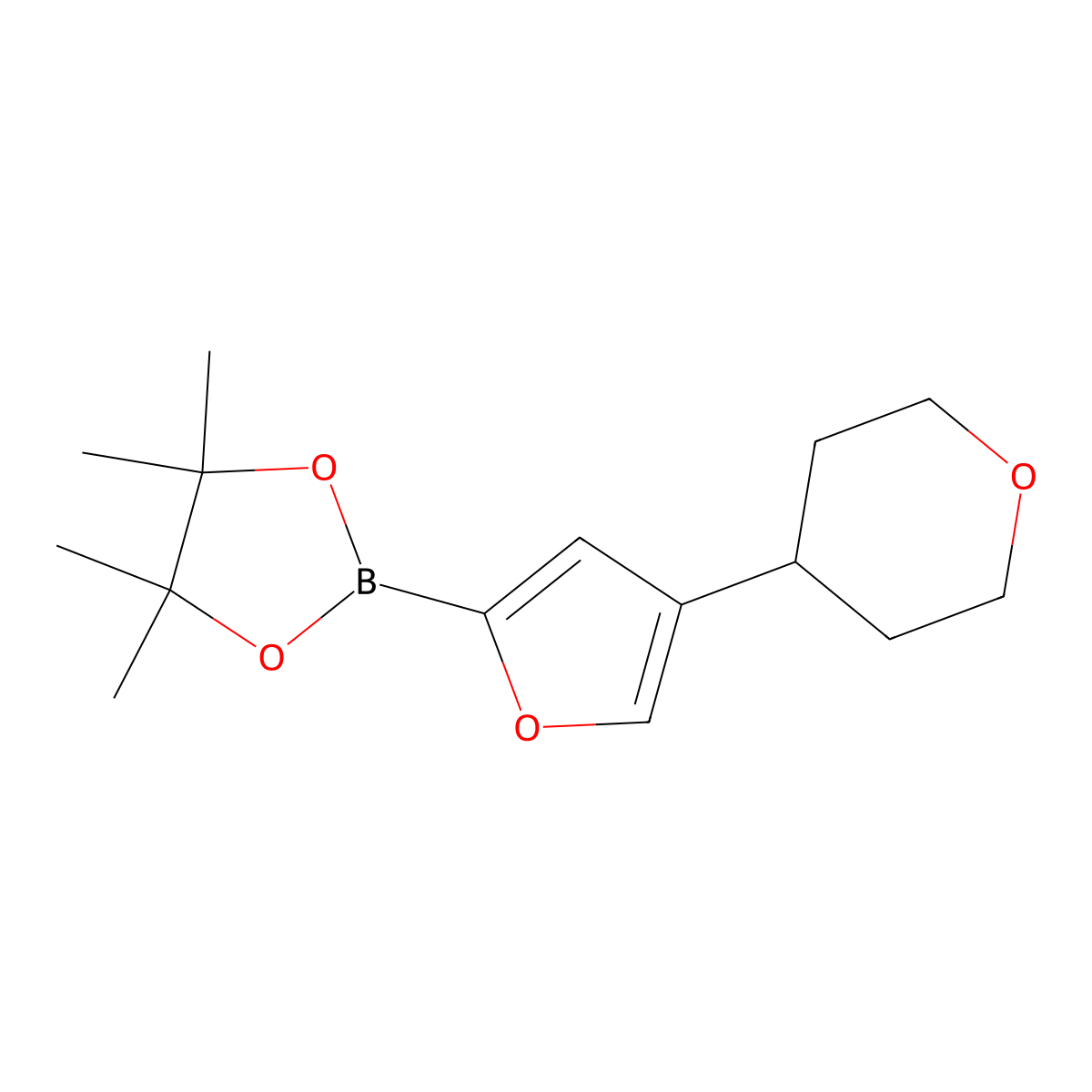 4,4,5,5-Tetramethyl-2-(4-(tetrahydro-2H-pyran-4-yl)furan-2-yl)-1,3,2-dioxaborolane molecular structure, CAS 2223033-50-7