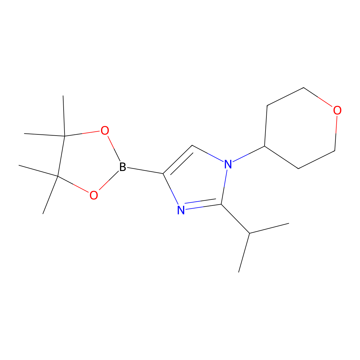 1-(Oxan-4-yl)-2-(iso-propyl)imidazole-4-boronic acid pinacol ester molecular structure, CAS 2223034-82-8