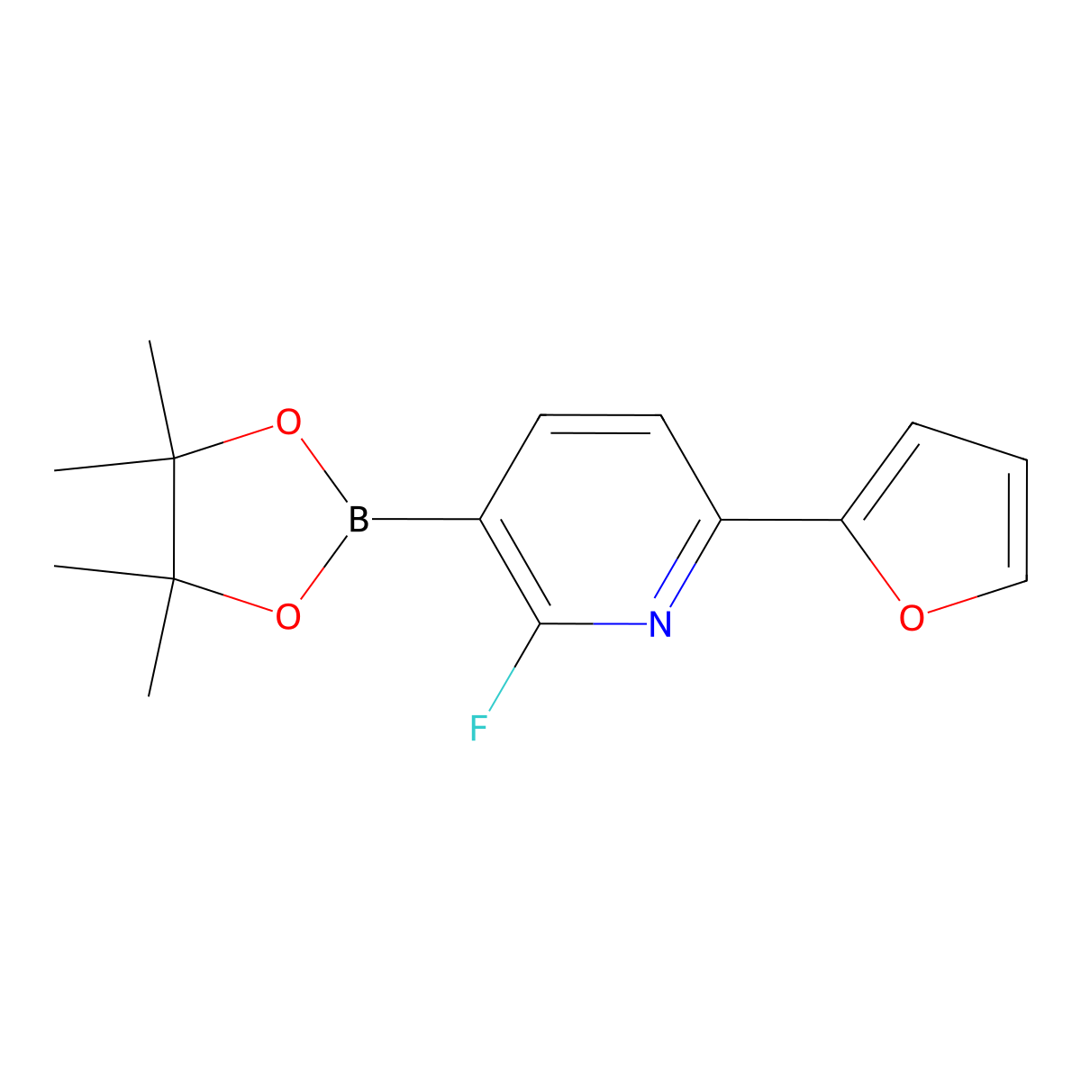 2-Fluoro-6-(2-furyl)pyridine-3-boronic acid pinacol ester molecular structure, CAS 2223034-98-6