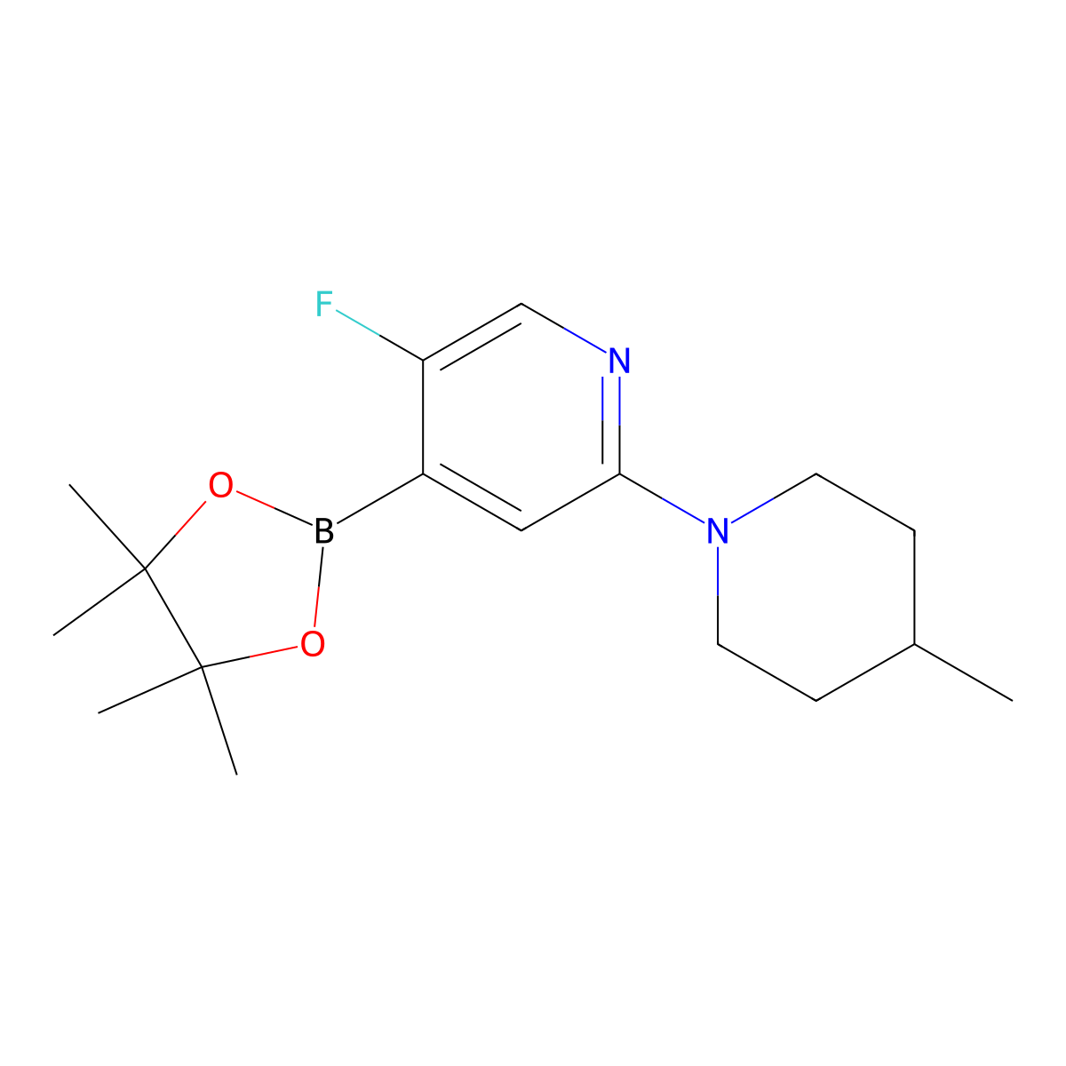5-Fluoro-2-(4-methylpiperidin-1-yl)pyridine-4-boronic acid pinacol ester molecular structure, CAS 2223035-23-0
