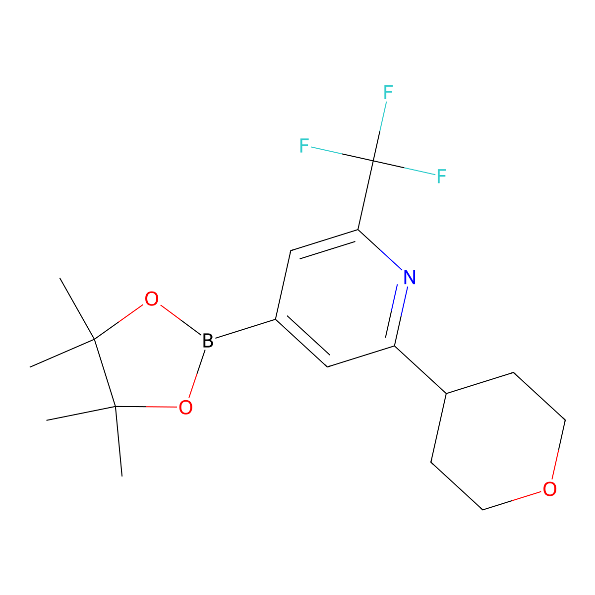 2-Trifluoromethyl-6-(oxan-4-yl)pyridine-4-boronic acid pinacol ester molecular structure, CAS 2223035-50-3