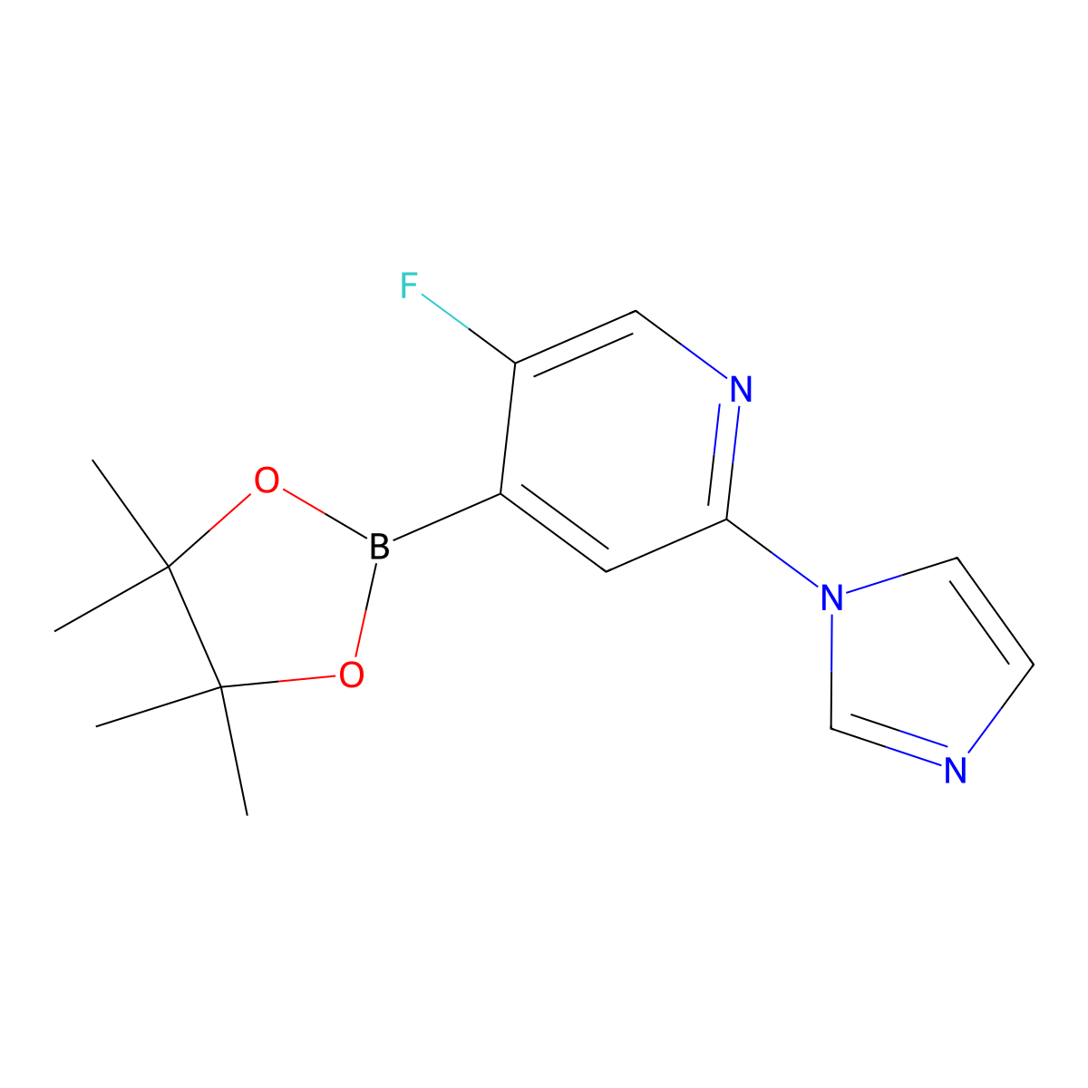 5-Fluoro-2-(imidazol-1-yl)pyridine-4-boronic acid pinacol ester molecular structure, CAS 2223035-59-2