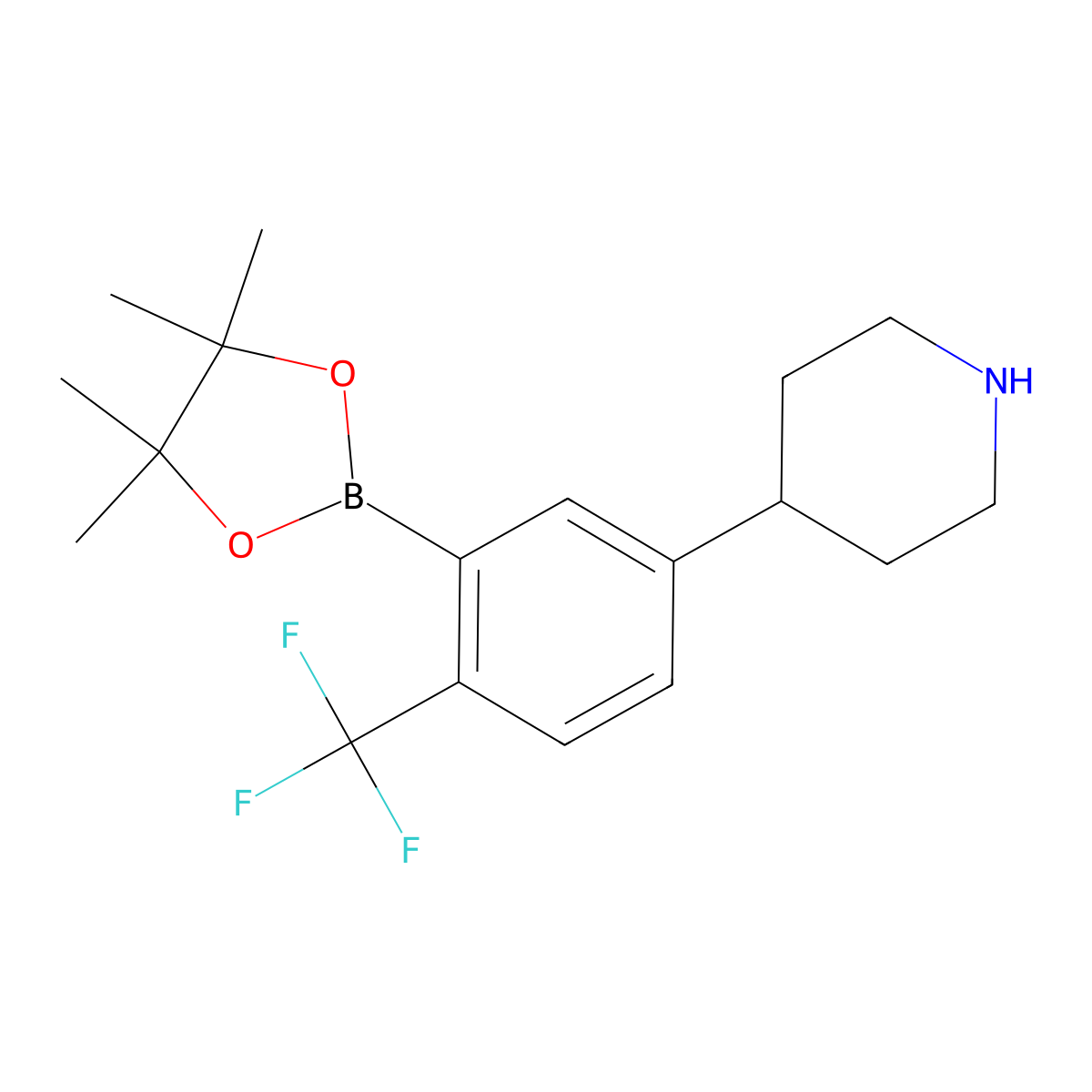 2-Trifluoromethyl-5-(piperidin-4-yl)phenylboronic acid pinacol ester molecular structure, CAS 2223036-90-4