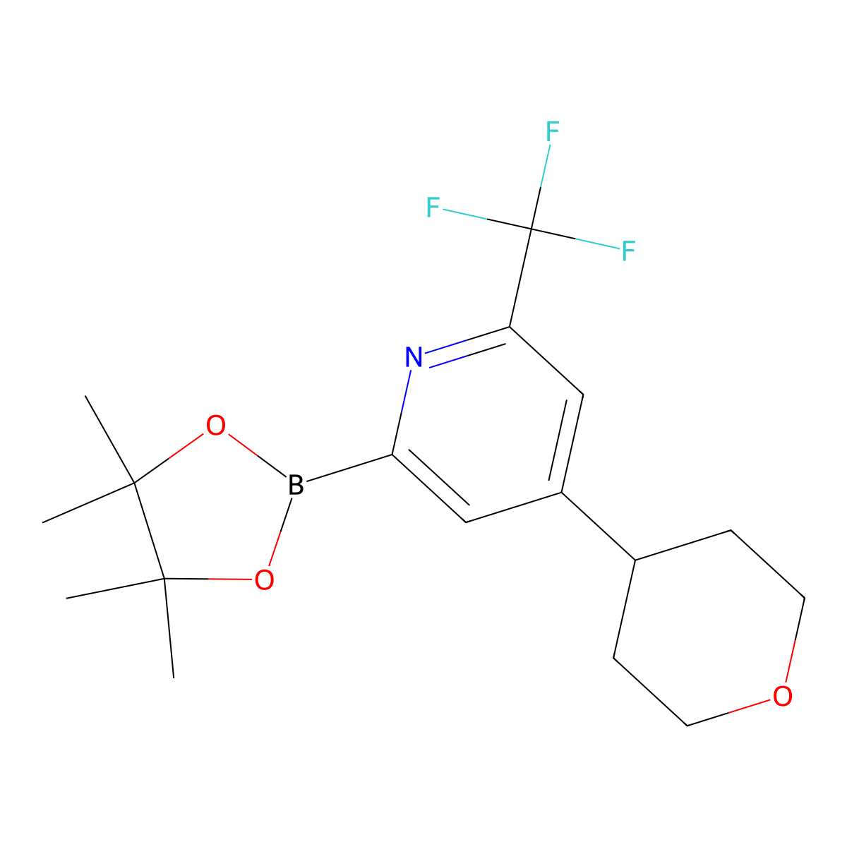 4-(Tetrahydro-2H-pyran-4-yl)-2-(4,4,5,5-tetramethyl-1,3,2-dioxaborolan-2-yl)-6-(trifluoromethyl)pyridine molecular structure, CAS 2223037-22-5