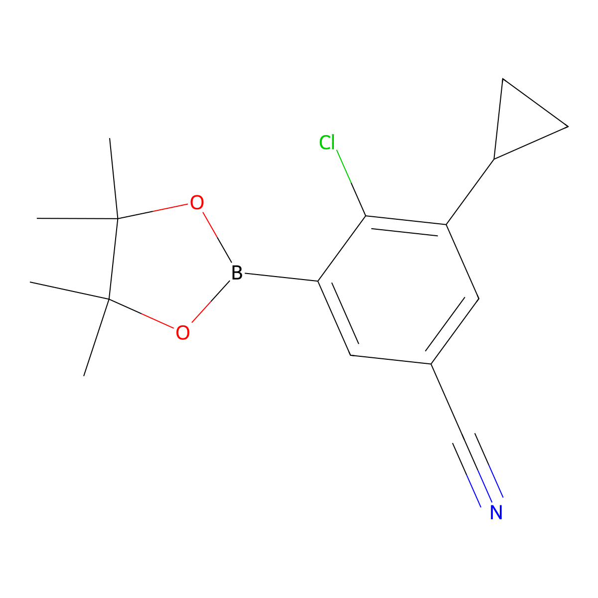 2-Chloro-3-cyclopropyl-5-cyanophenylboronic acid pinacol ester molecular structure, CAS 2223037-57-6