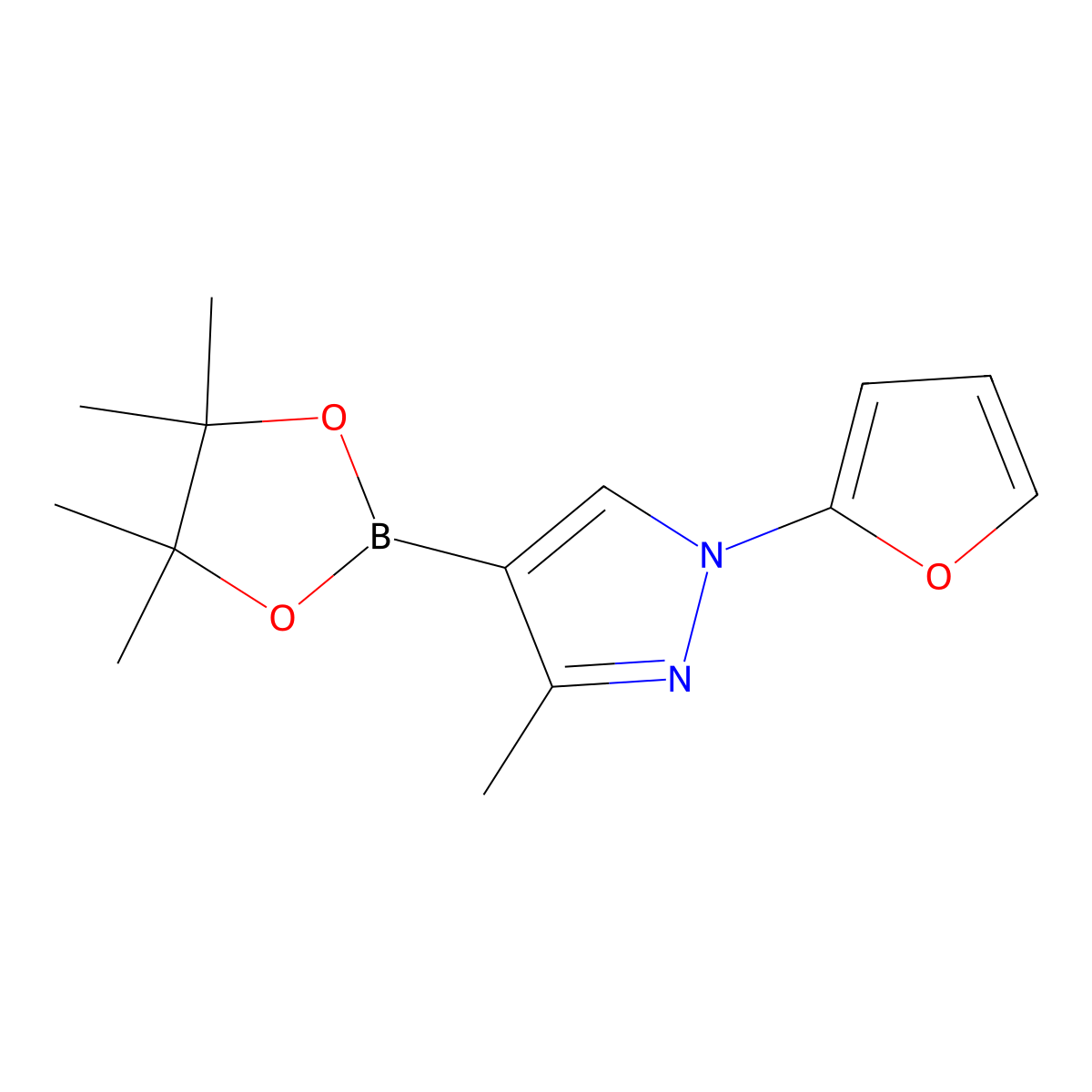 1-(furan-2-yl)-3-methyl-4-(4,4,5,5-tetramethyl-1,3,2-dioxaborolan-2-yl)-1H-pyrazole molecular structure, CAS 2223037-90-7