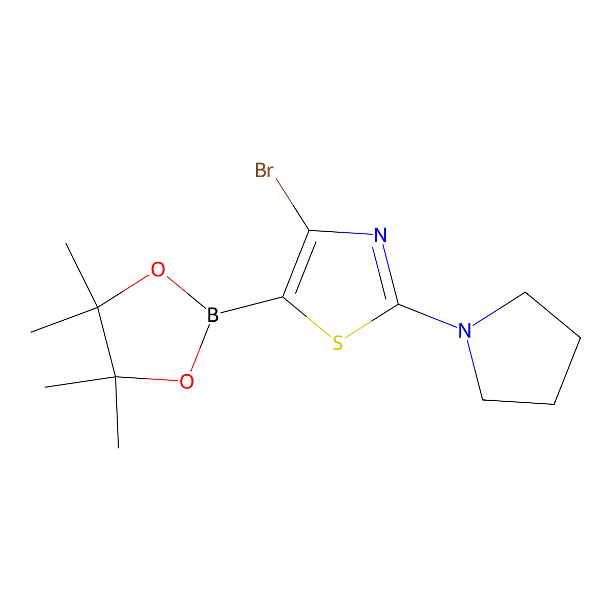 4-Bromo-2-(pyrrolidino)thiazole-5-boronic acid pinacol ester molecular structure, CAS 2223038-81-9