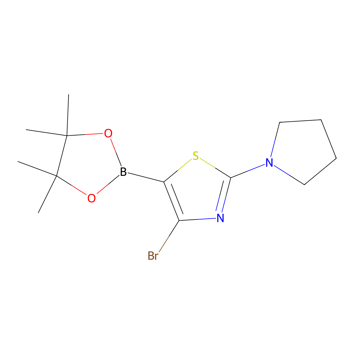 4-Bromo-2-(pyrrolidino)thiazole-5-boronic acid pinacol ester molecular structure, CAS 2223038-81-9