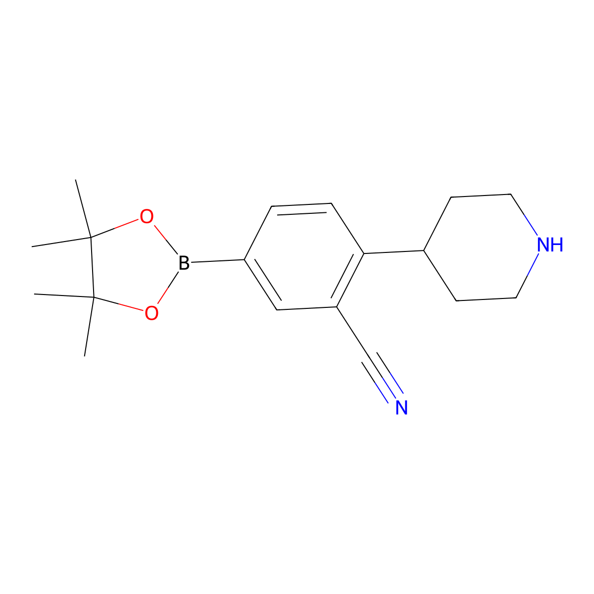 3-Cyano-4-(piperidin-4-yl)phenylboronic acid pinacol ester molecular structure, CAS 2223039-41-4