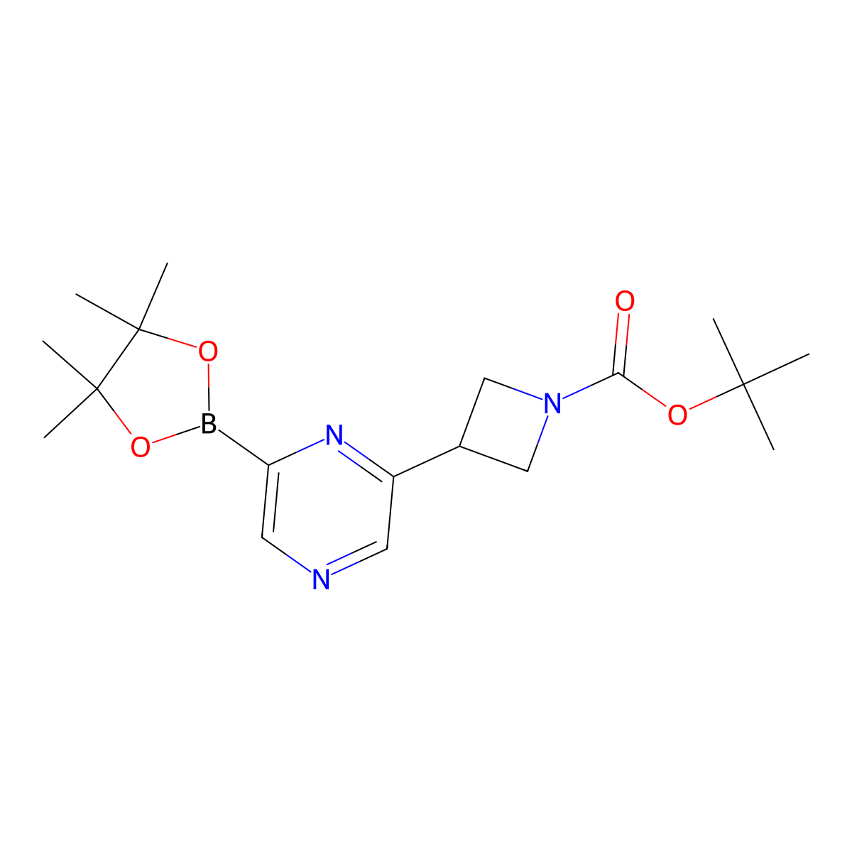 Tert-butyl 3-(6-(4,4,5,5-tetramethyl-1,3,2-dioxaborolan-2-yl)pyrazin-2-yl)azetidine-1-carboxylate molecular structure, CAS 2223040-16-0