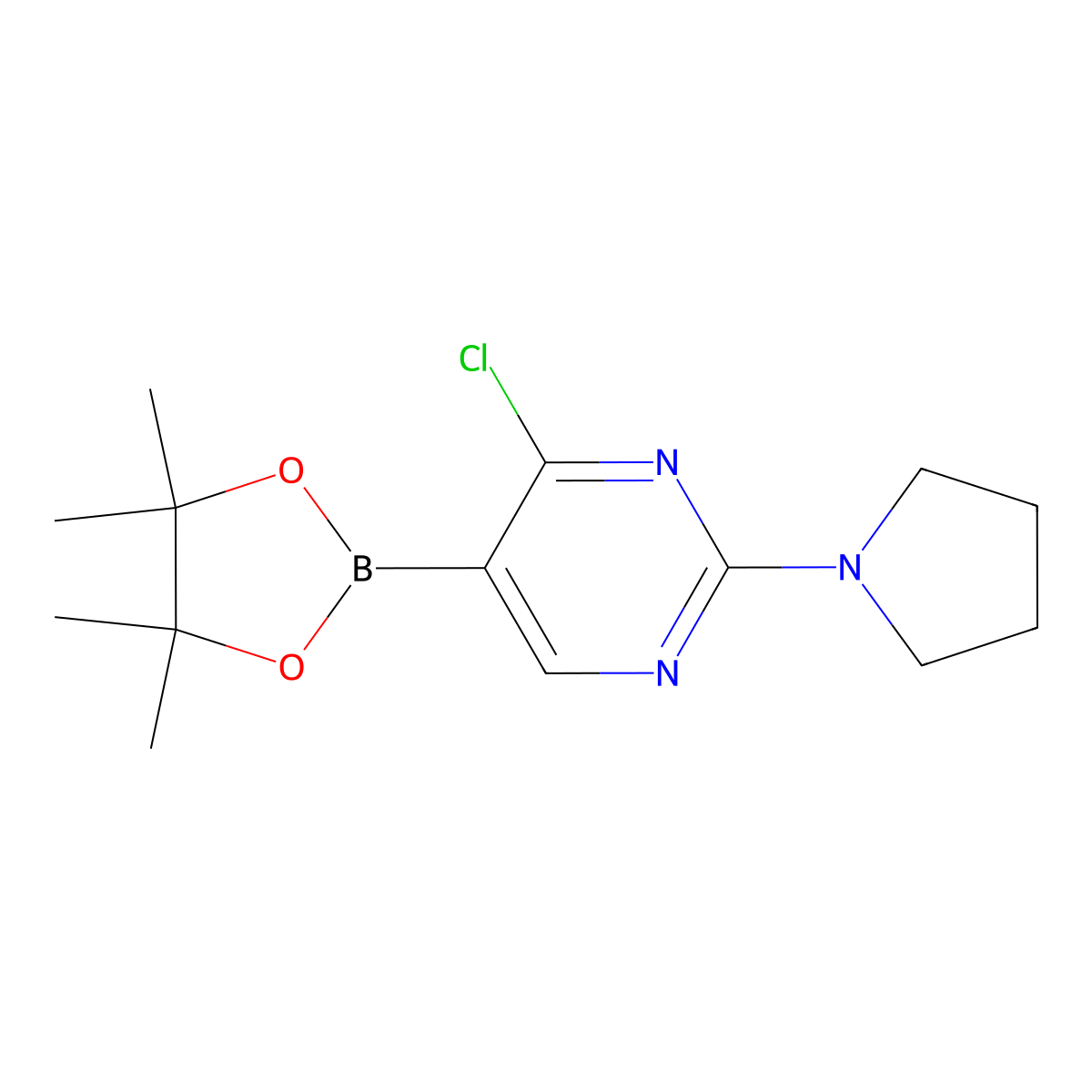 4-Chloro-2-(pyrrolidino)pyrimidine-5-boronic acid pinacol ester molecular structure, CAS 2223042-86-0