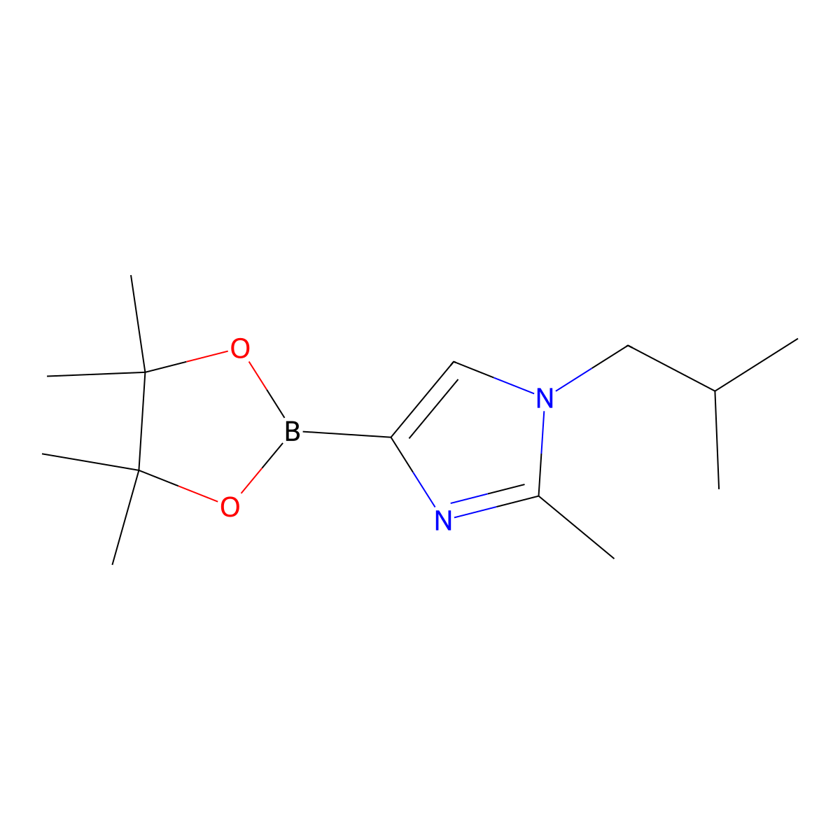 1-isobutyl-2-methyl-4-(4,4,5,5-tetramethyl-1,3,2-dioxaborolan-2-yl)-1H-imidazole molecular structure, CAS 2223043-27-2