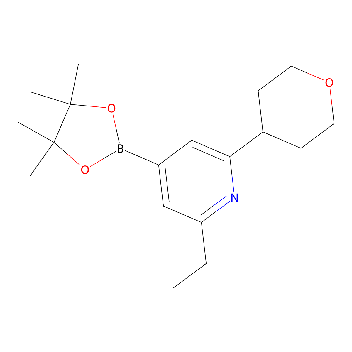 2-Ethyl-6-(oxan-4-yl)pyridine-4-boronic acid pinacol ester molecular structure, CAS 2223043-39-6