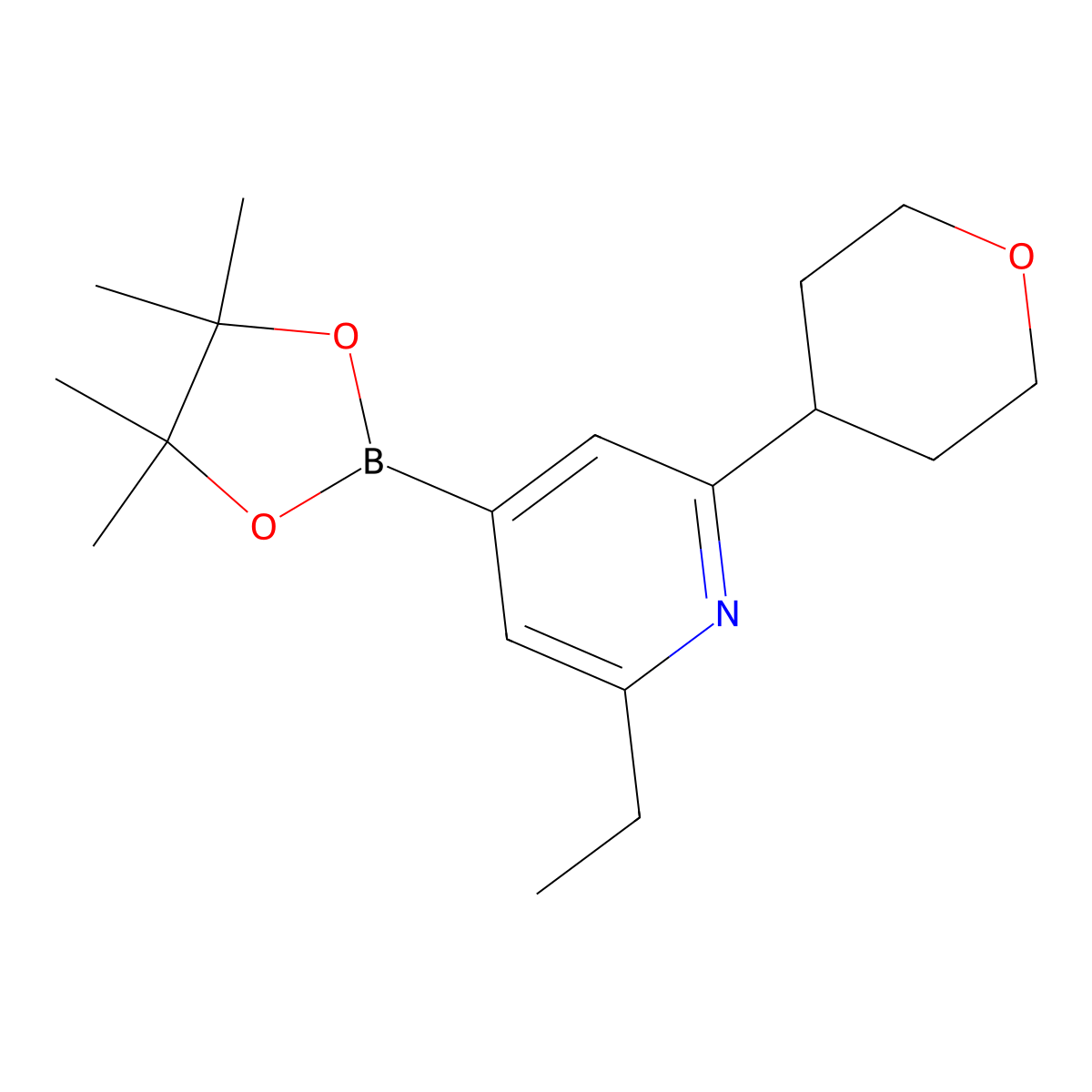 2-Ethyl-6-(oxan-4-yl)pyridine-4-boronic acid pinacol ester molecular structure, CAS 2223043-39-6