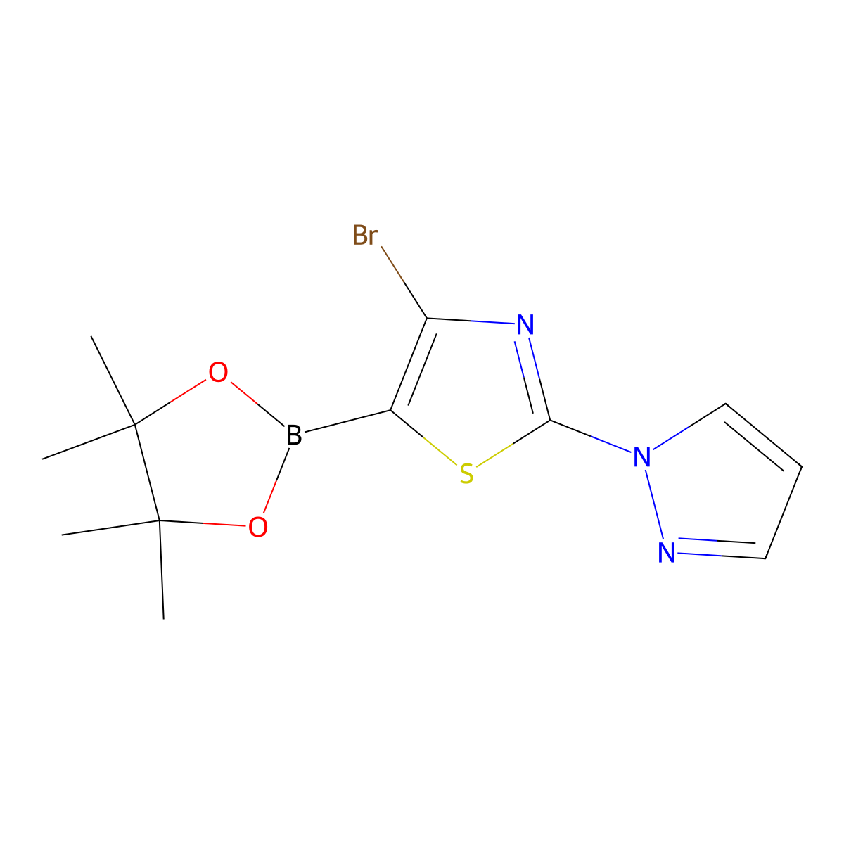 4-Bromo-2-(1H-pyrazol-1-yl)thiazole-5-boronic acid pinacol ester molecular structure, CAS 2223045-44-9