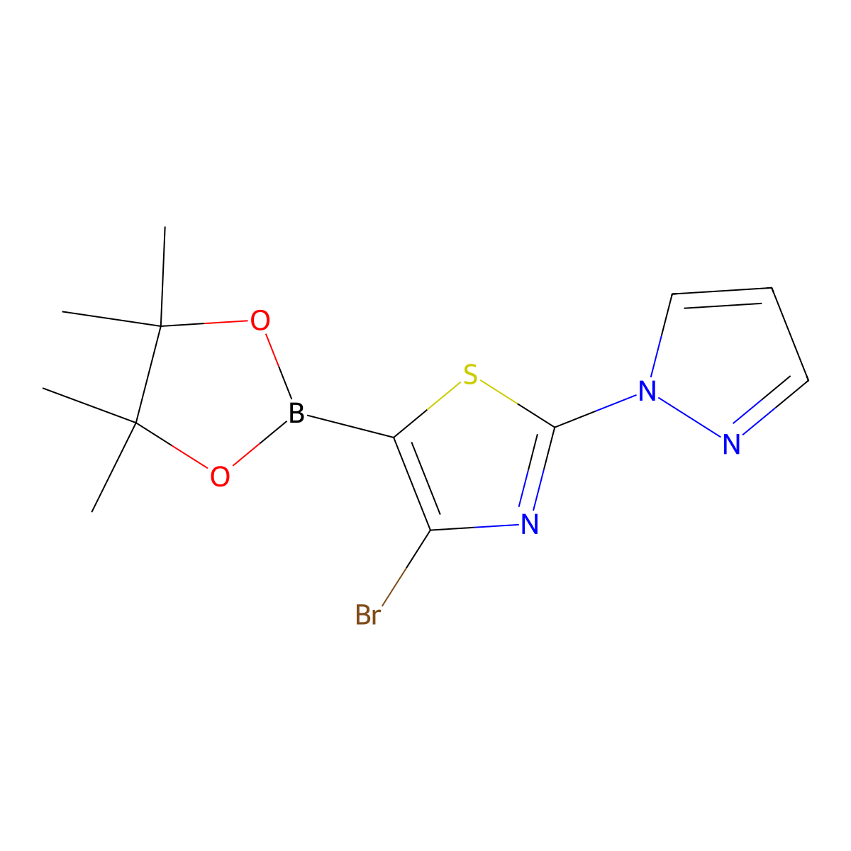 4-Bromo-2-(1H-pyrazol-1-yl)thiazole-5-boronic acid pinacol ester molecular structure, CAS 2223045-44-9