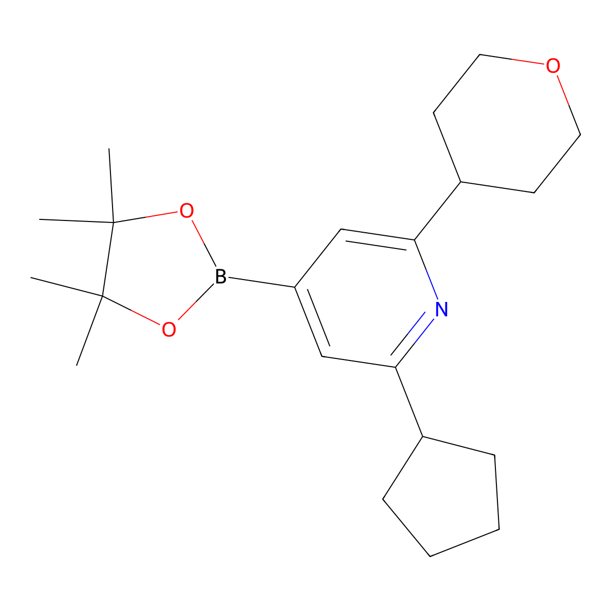 2-Cyclopentyl-6-(oxan-4-yl)pyridine-4-boronic acid pinacol ester molecular structure, CAS 2223045-80-3