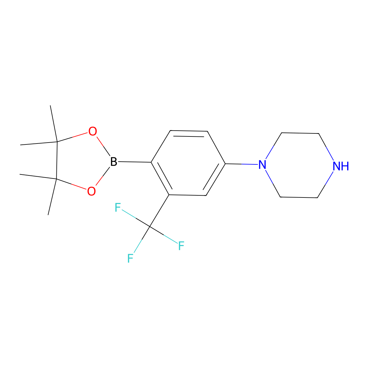 2-Trifluoromethyl-4-(piperazin-1-yl)phenylboronic acid pinacol ester molecular structure, CAS 2223046-06-6