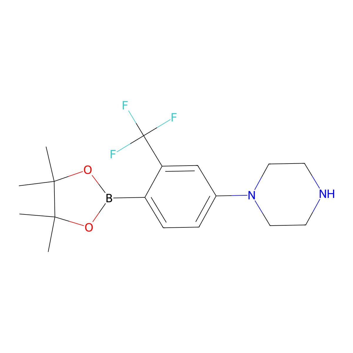 2-Trifluoromethyl-4-(piperazin-1-yl)phenylboronic acid pinacol ester molecular structure, CAS 2223046-06-6