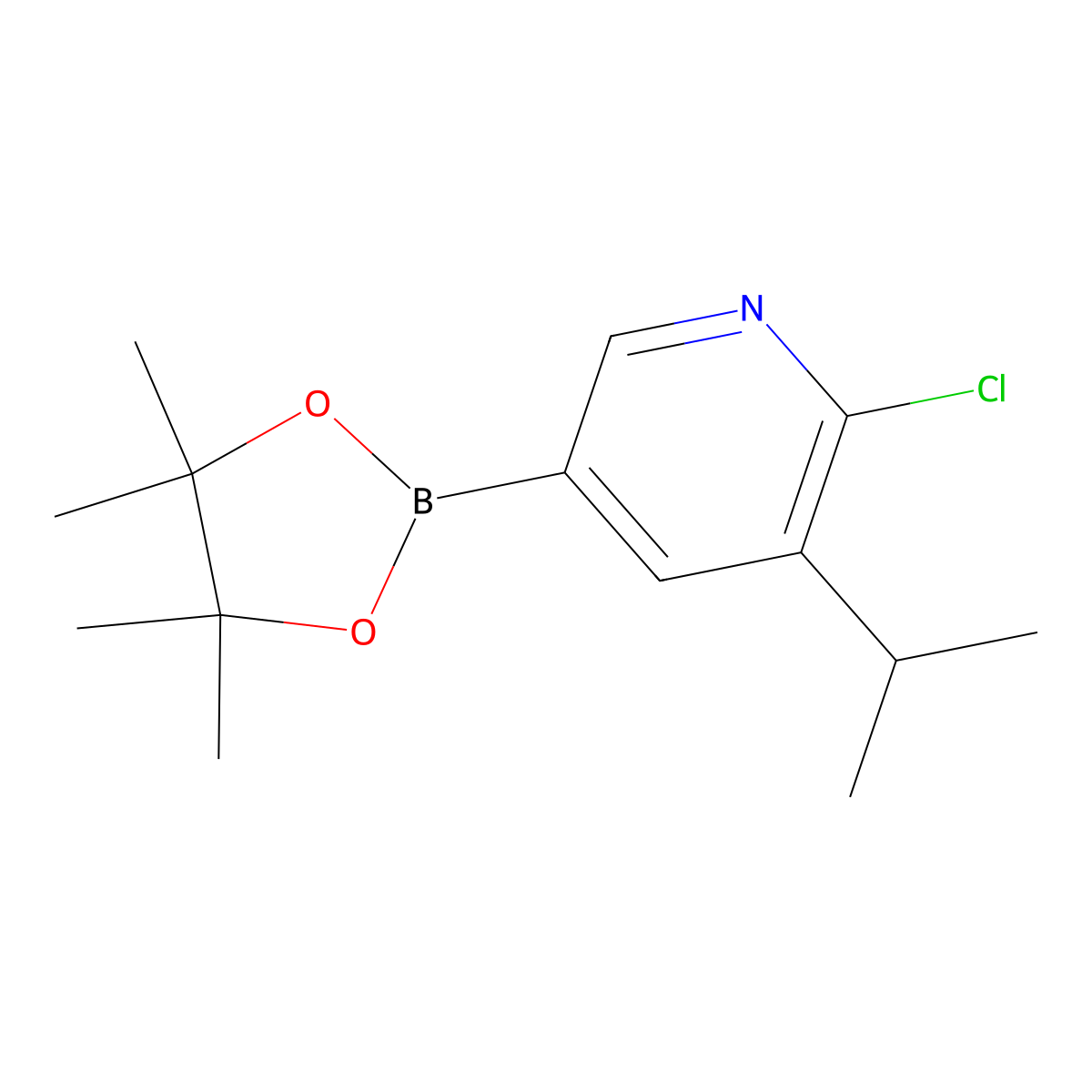 2-Chloro-3-isopropyl-5-(4,4,5,5-tetramethyl-1,3,2-dioxaborolan-2-yl)pyridine molecular structure, CAS 2223046-34-0