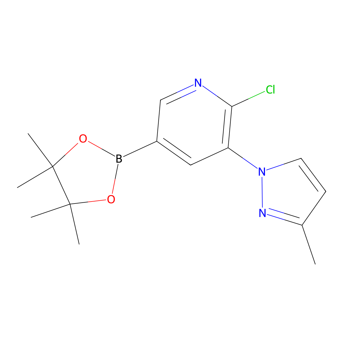 6-Chloro-5-(3-methyl-1H-pyrazol-1-yl)pyridine-3-boronic acid pinacol ester molecular structure, CAS 2223046-61-3