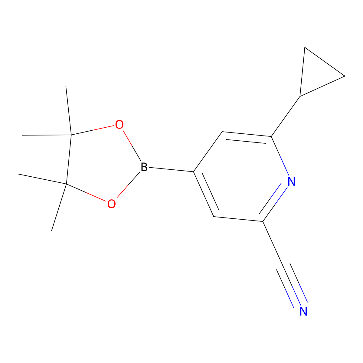 6-Cyclopropyl-4-(4,4,5,5-tetramethyl-1,3,2-dioxaborolan-2-yl)picolinonitrile molecular structure, CAS 2223046-66-8
