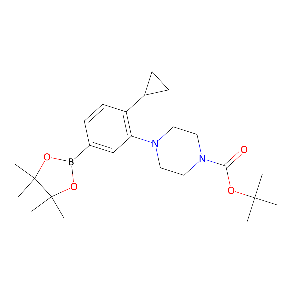 Tert-butyl 4-(2-cyclopropyl-5-(4,4,5,5-tetramethyl-1,3,2-dioxaborolan-2-yl)phenyl)piperazine-1-carboxylate molecular structure, CAS 2223046-98-6