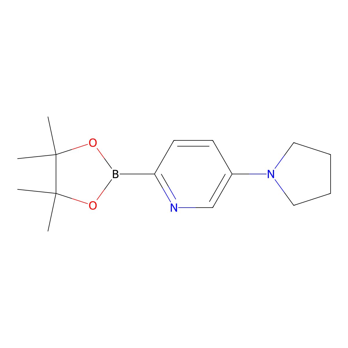 5-(Pyrrolidin-1-yl)-2-(4,4,5,5-tetramethyl-1,3,2-dioxaborolan-2-yl)pyridine molecular structure, CAS 2223047-53-6
