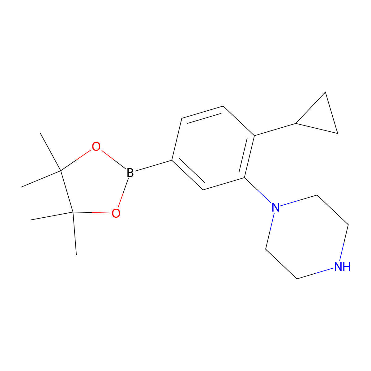 1-(2-Cyclopropyl-5-(4,4,5,5-tetramethyl-1,3,2-dioxaborolan-2-yl)phenyl)piperazine molecular structure, CAS 2223047-82-1