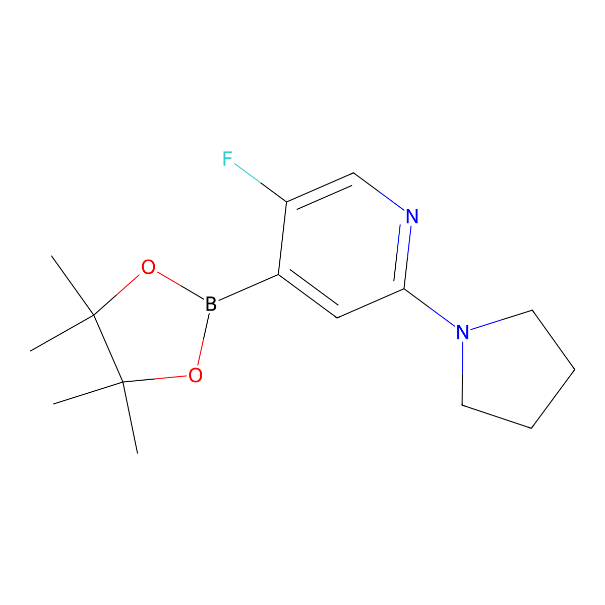 5-Fluoro-2-(pyrrolidin-1-yl)-4-(tetramethyl-1,3,2-dioxaborolan-2-yl)pyridine molecular structure, CAS 2223048-12-0