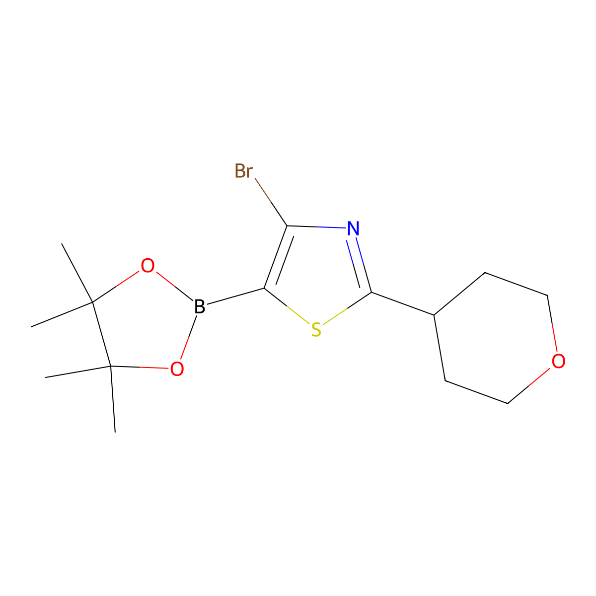 4-Bromo-2-(4-tetrahydropyranyl)thiazole-5-boronic acid pinacol ester molecular structure, CAS 2223051-27-0