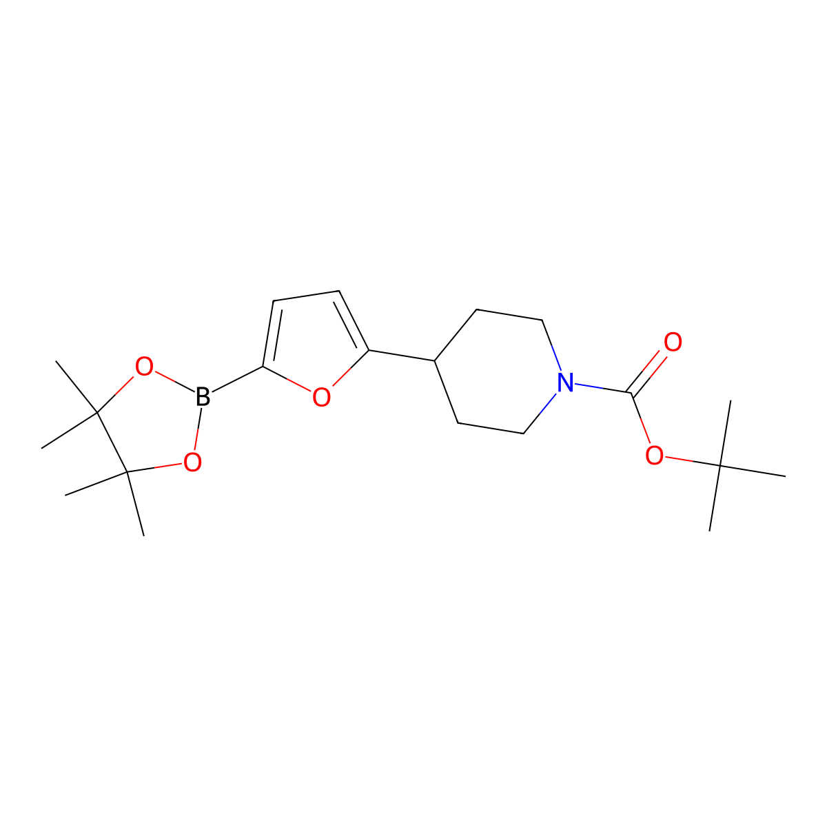 tert-Butyl 4-(5-(4,4,5,5-tetramethyl-1,3,2-dioxaborolan-2-yl)furan-2-yl)piperidine-1-carboxylate molecular structure, CAS 2223053-62-9