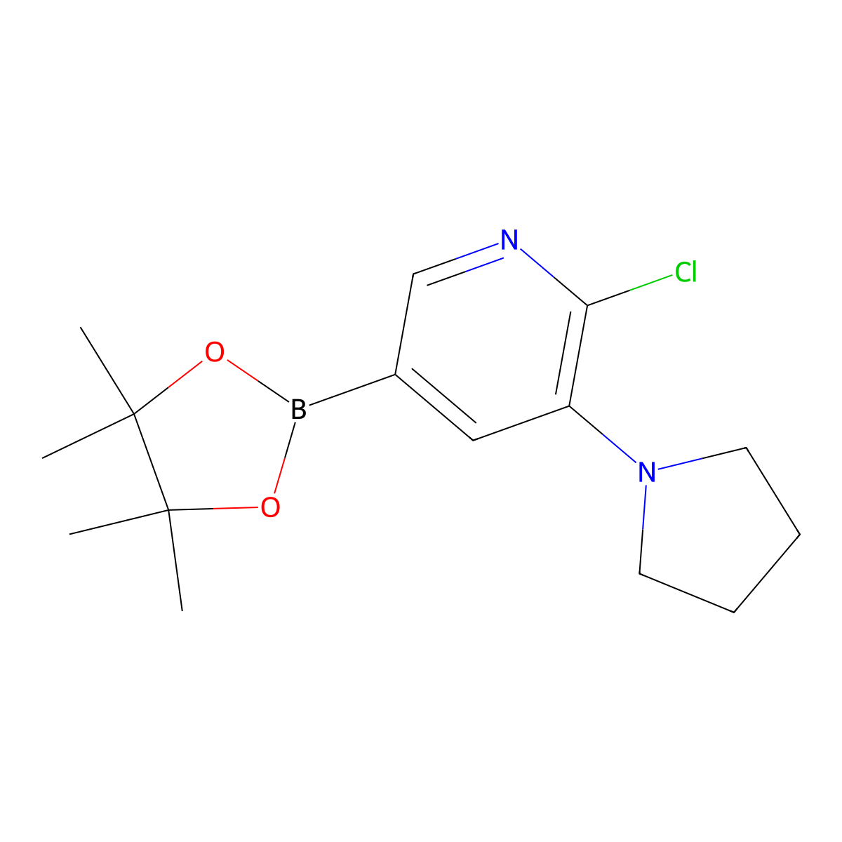 6-Chloro-5-(pyrrolidino)pyridine-3-boronic acid pinacol ester molecular structure, CAS 2223054-40-6