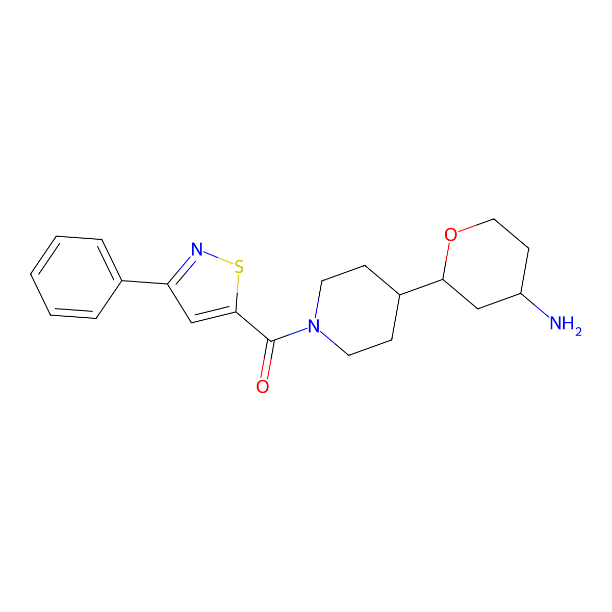 2-[1-(3-Phenyl-1,2-thiazole-5-carbonyl)piperidin-4-yl]oxan-4-amine molecular structure, CAS 2223945-26-2